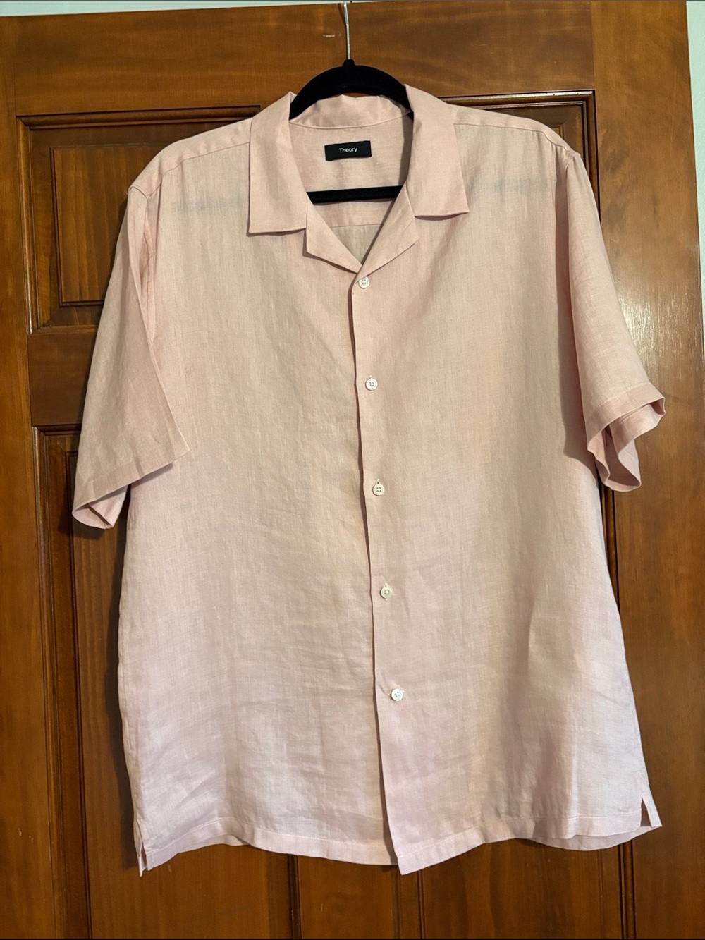 Theory Men’s Short-Sleeve Linen Shirt - Light Pink %100 linen